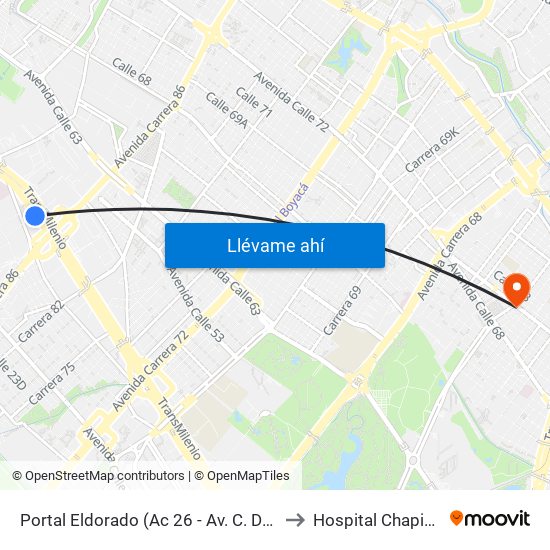 Portal Eldorado (Ac 26 - Av. C. De Cali) to Hospital Chapinero map