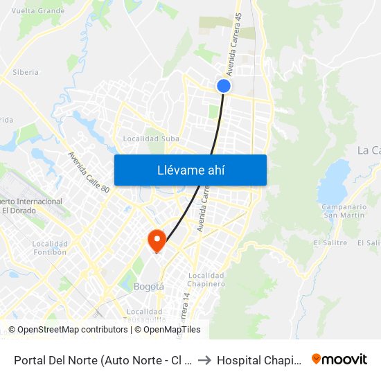 Portal Del Norte (Auto Norte - Cl 174a) to Hospital Chapinero map