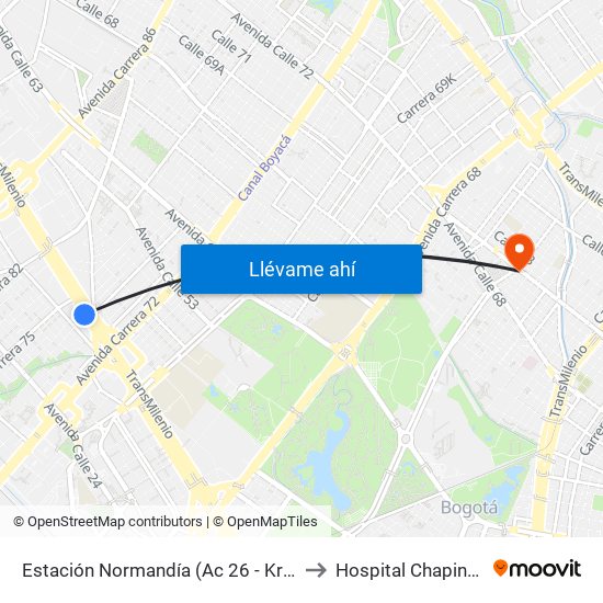 Estación Normandía (Ac 26 - Kr 74) to Hospital Chapinero map