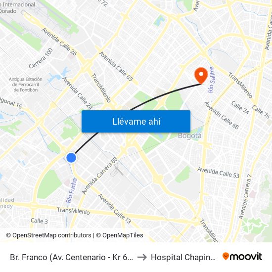 Br. Franco (Av. Centenario - Kr 69b) to Hospital Chapinero map