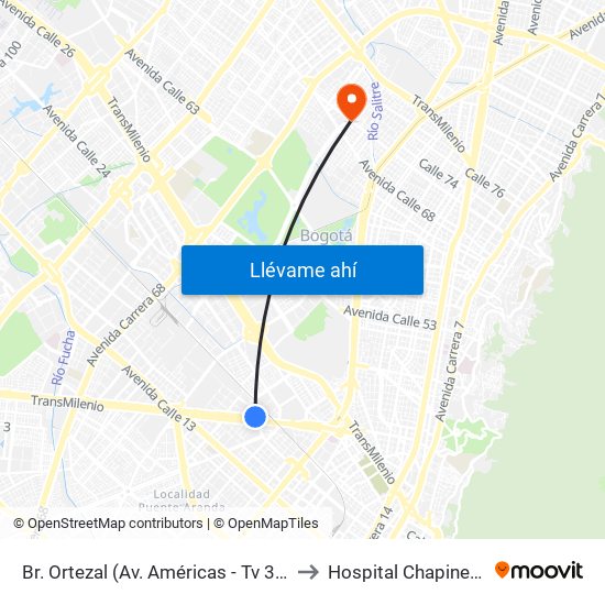 Br. Ortezal (Av. Américas - Tv 39) to Hospital Chapinero map