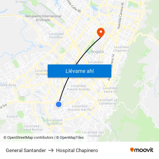 General Santander to Hospital Chapinero map