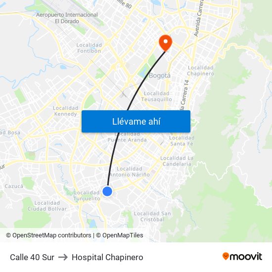 Calle 40 Sur to Hospital Chapinero map