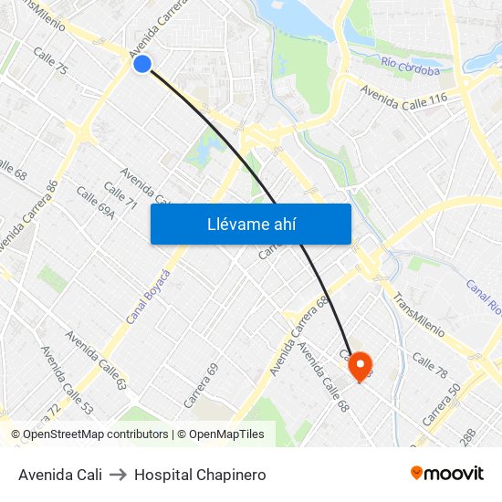 Avenida Cali to Hospital Chapinero map