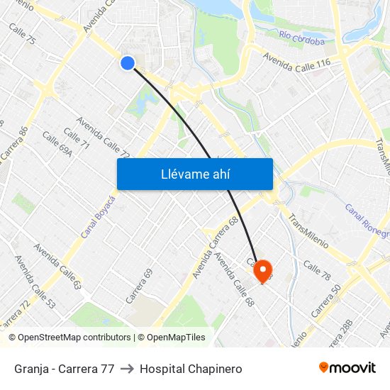 Granja - Carrera 77 to Hospital Chapinero map