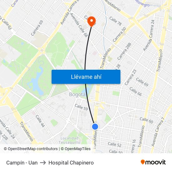 Campín - Uan to Hospital Chapinero map