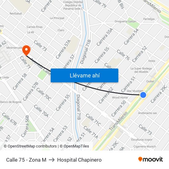 Calle 75 - Zona M to Hospital Chapinero map