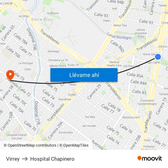 Virrey to Hospital Chapinero map