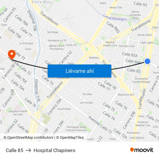 Calle 85 to Hospital Chapinero map