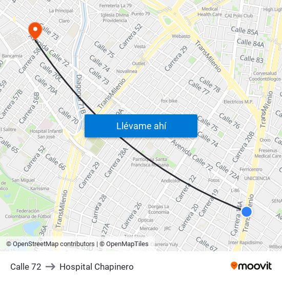 Calle 72 to Hospital Chapinero map
