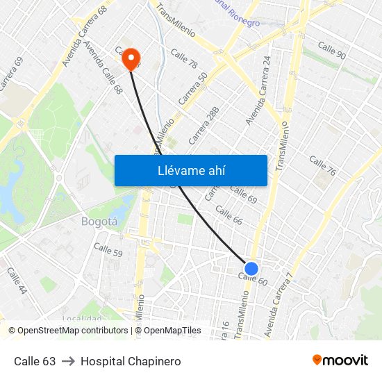 Calle 63 to Hospital Chapinero map