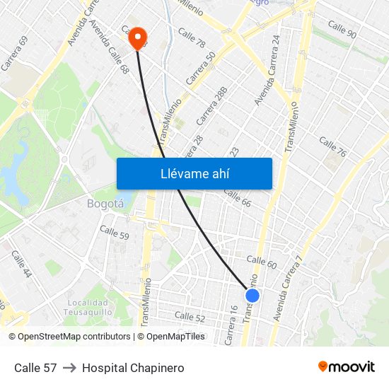 Calle 57 to Hospital Chapinero map