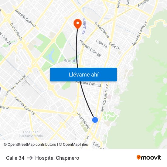 Calle 34 to Hospital Chapinero map
