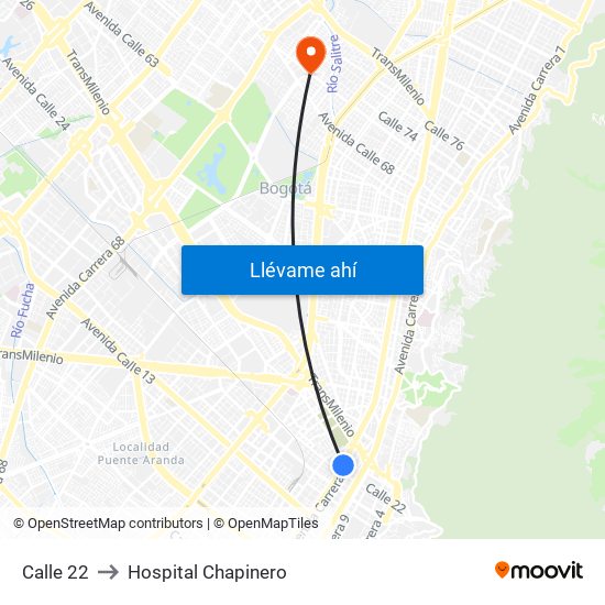 Calle 22 to Hospital Chapinero map