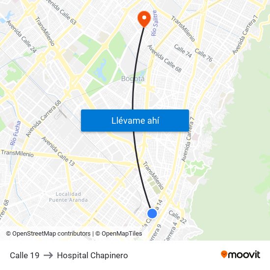 Calle 19 to Hospital Chapinero map