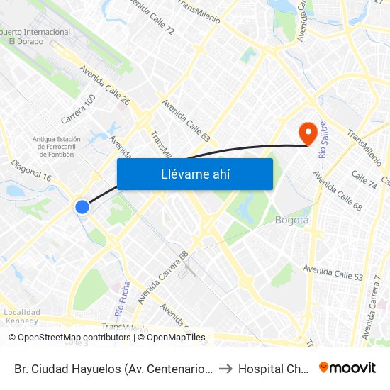 Br. Ciudad Hayuelos (Av. Centenario - Av. C. De Cali) to Hospital Chapinero map