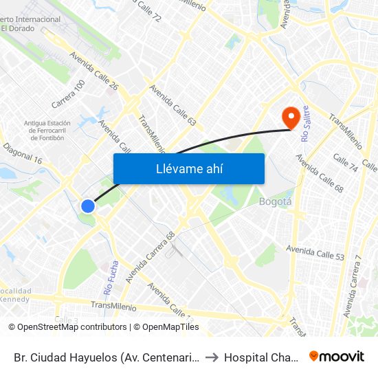 Br. Ciudad Hayuelos (Av. Centenario - Kr 78g) to Hospital Chapinero map