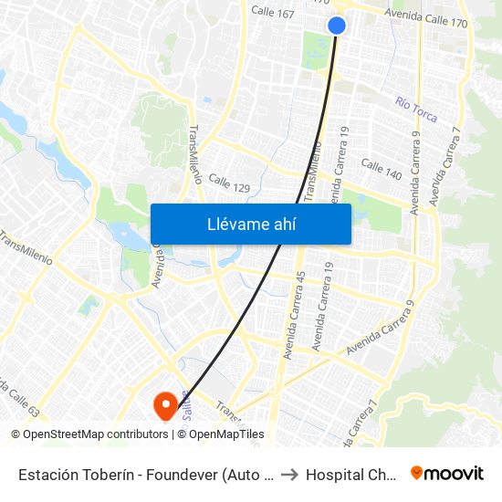 Estación Toberín - Foundever (Auto Norte - Cl 166) to Hospital Chapinero map