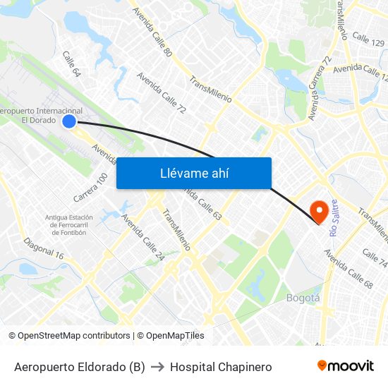 Aeropuerto Eldorado (B) to Hospital Chapinero map