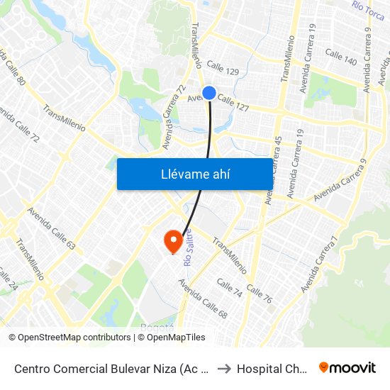 Centro Comercial Bulevar Niza (Ac 127 - Av. Suba) to Hospital Chapinero map