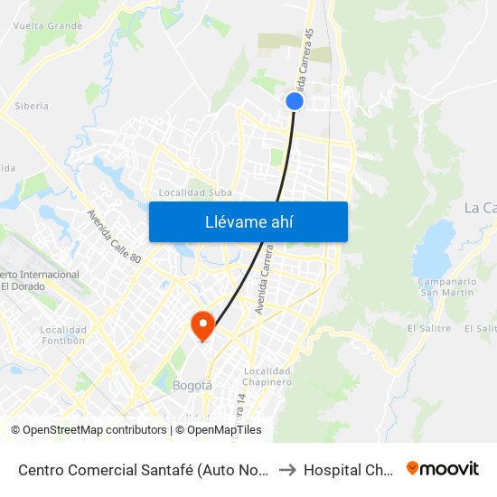 Centro Comercial Santafé (Auto Norte - Cl 187) (B) to Hospital Chapinero map