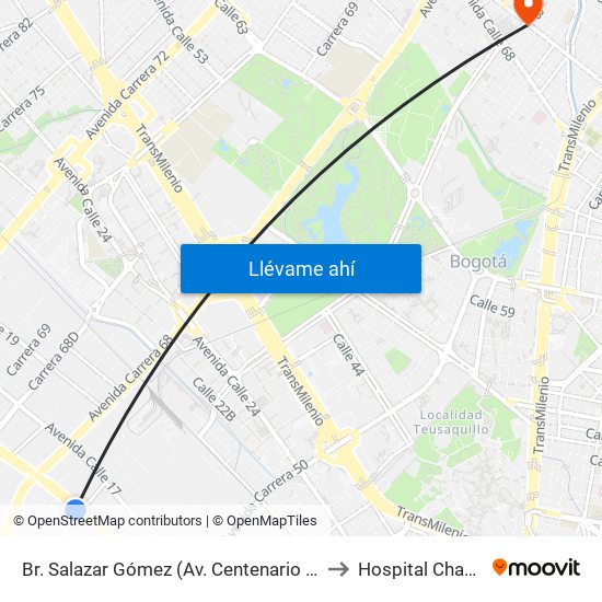 Br. Salazar Gómez (Av. Centenario - Kr 65) (A) to Hospital Chapinero map