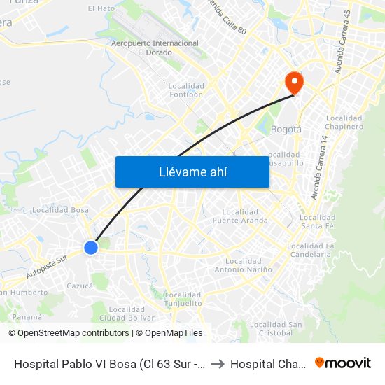 Hospital Pablo VI Bosa (Cl 63 Sur - Kr 77g) (A) to Hospital Chapinero map