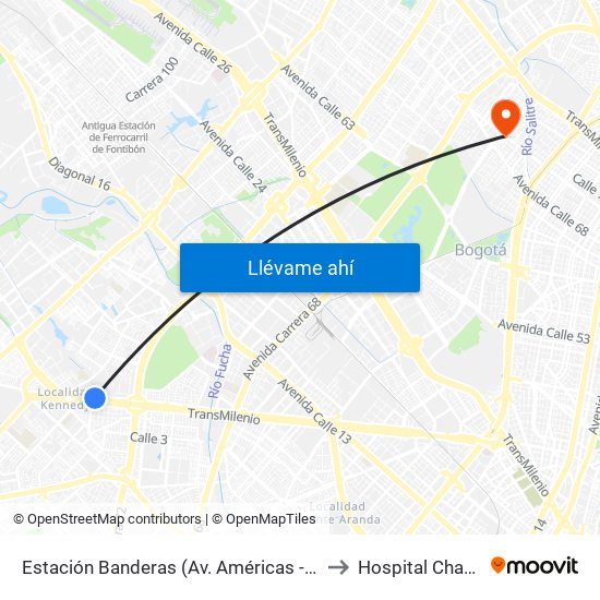 Estación Banderas (Av. Américas - Kr 78a) (A) to Hospital Chapinero map