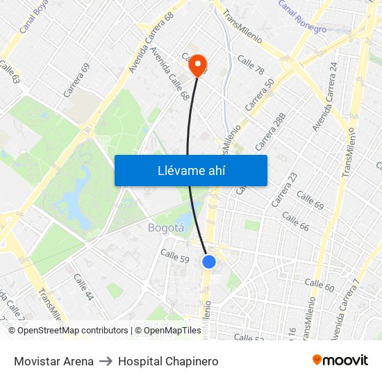 Movistar Arena to Hospital Chapinero map