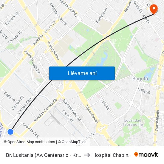 Br. Lusitania (Av. Centenario - Kr 68b) to Hospital Chapinero map