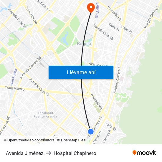 Avenida Jiménez to Hospital Chapinero map