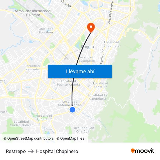 Restrepo to Hospital Chapinero map