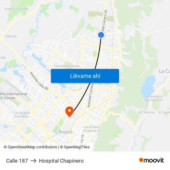 Calle 187 to Hospital Chapinero map