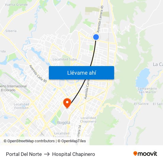 Portal Del Norte to Hospital Chapinero map