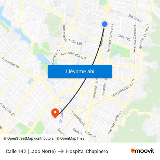 Calle 142 (Lado Norte) to Hospital Chapinero map