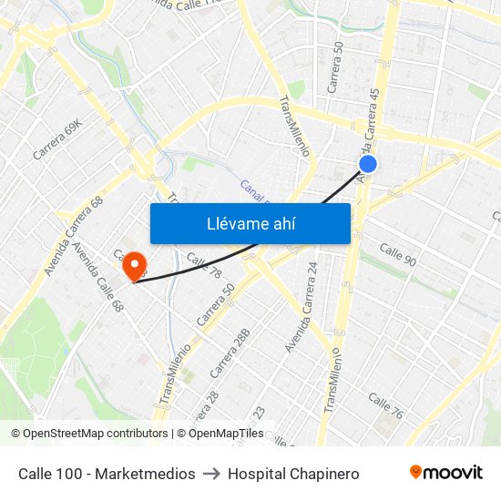 Calle 100 - Marketmedios to Hospital Chapinero map