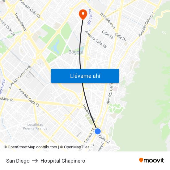San Diego to Hospital Chapinero map