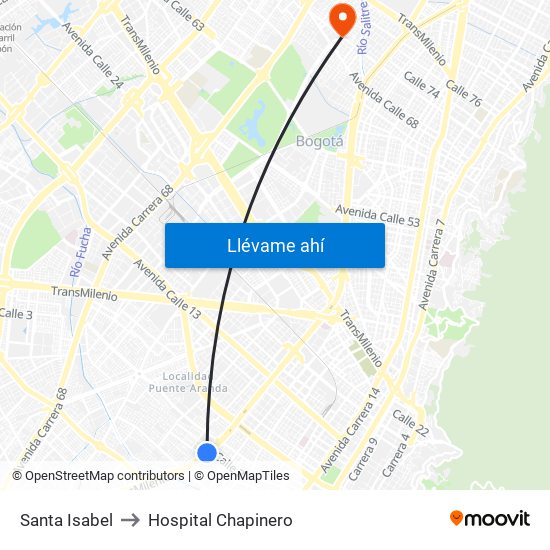 Santa Isabel to Hospital Chapinero map