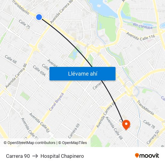 Carrera 90 to Hospital Chapinero map