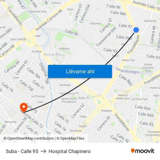 Suba - Calle 95 to Hospital Chapinero map