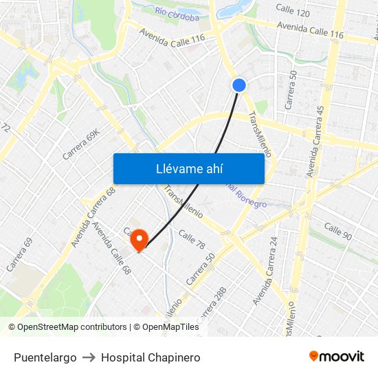 Puentelargo to Hospital Chapinero map