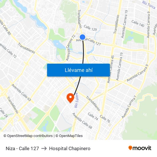 Niza - Calle 127 to Hospital Chapinero map