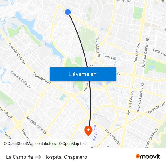 La Campiña to Hospital Chapinero map