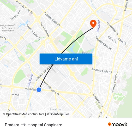 Pradera to Hospital Chapinero map