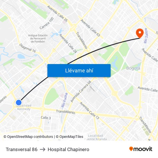 Transversal 86 to Hospital Chapinero map