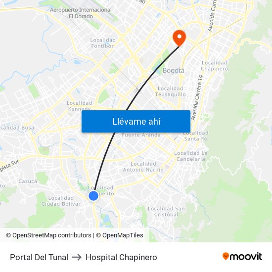 Portal Del Tunal to Hospital Chapinero map