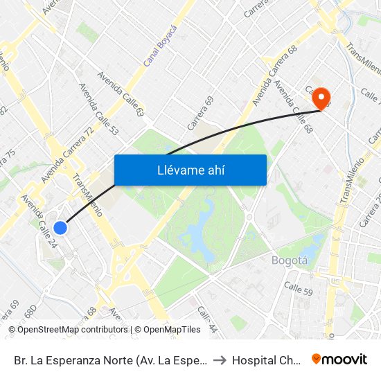 Br. La Esperanza Norte (Av. La Esperanza - Kr 69d) to Hospital Chapinero map