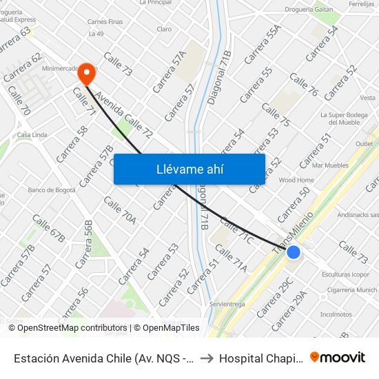 Estación Avenida Chile (Av. NQS - Cl 71c) to Hospital Chapinero map
