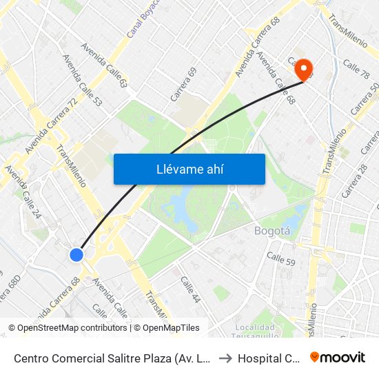 Centro Comercial Salitre Plaza (Av. La Esperanza - Kr 68a) to Hospital Chapinero map