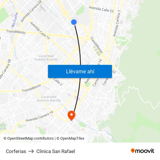 Corferias to Clinica San Rafael map